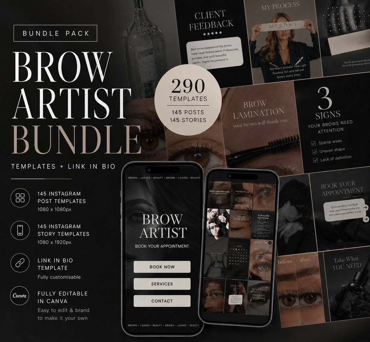 290 Brow Artist Instagram Templates | 145 Feed + 145 Story Canva Templates | Luxury Social Media Kit for Brow Lamination, PMU & Beauty Businesses